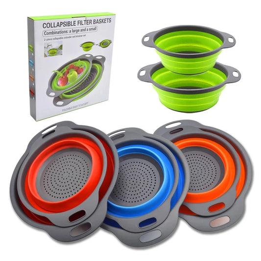 2Pcs/Set Silicone Collapsible Colander Strainer with Handle - Vegetable & Fruit Washing Drain Basket