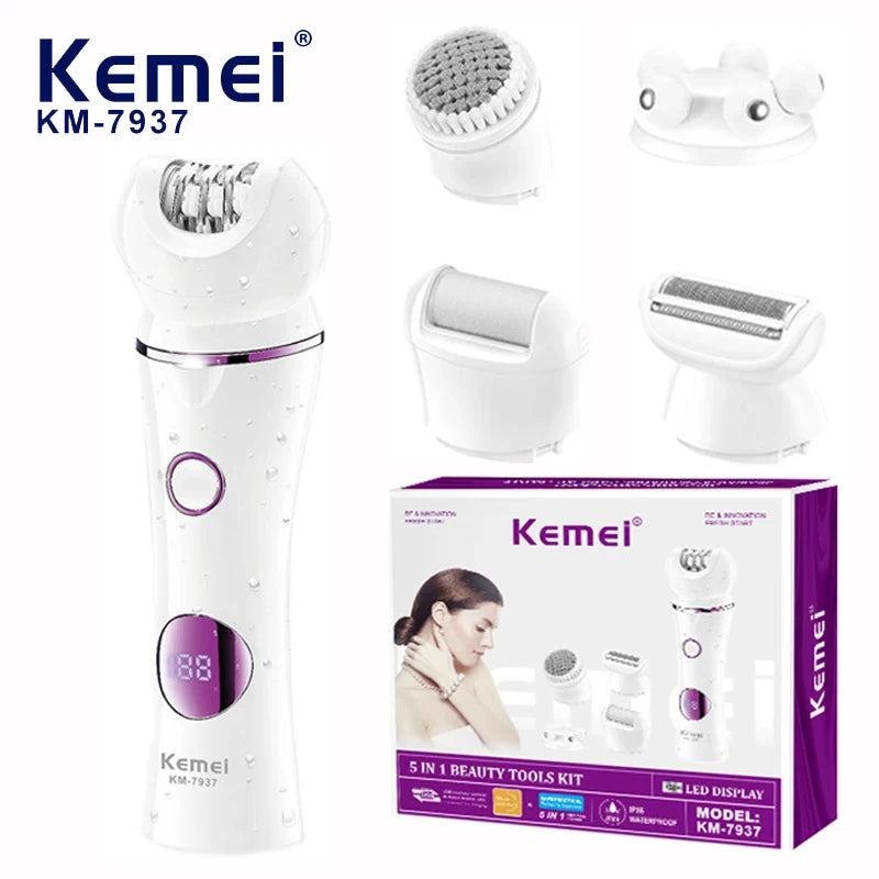 KM-7937 5-in-1 Rechargeable Electric Body Shaver – Multifunctional Epilator for Women