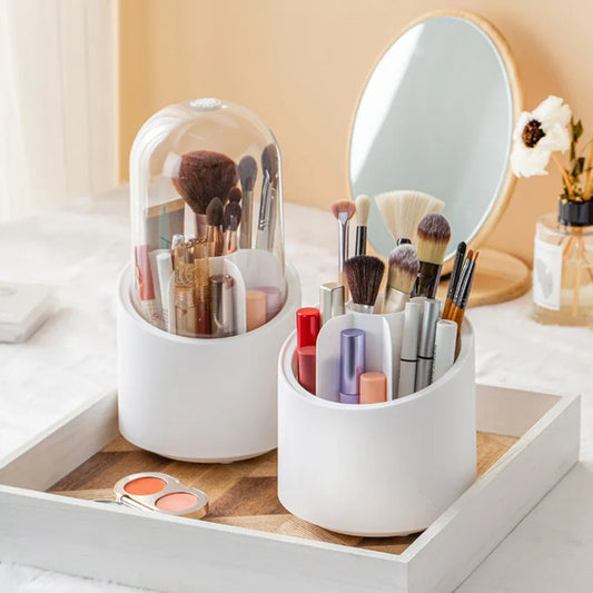 360° Rotating Dustproof Makeup Organizer – Cosmetic Storage Case with Lid and Brush Holder