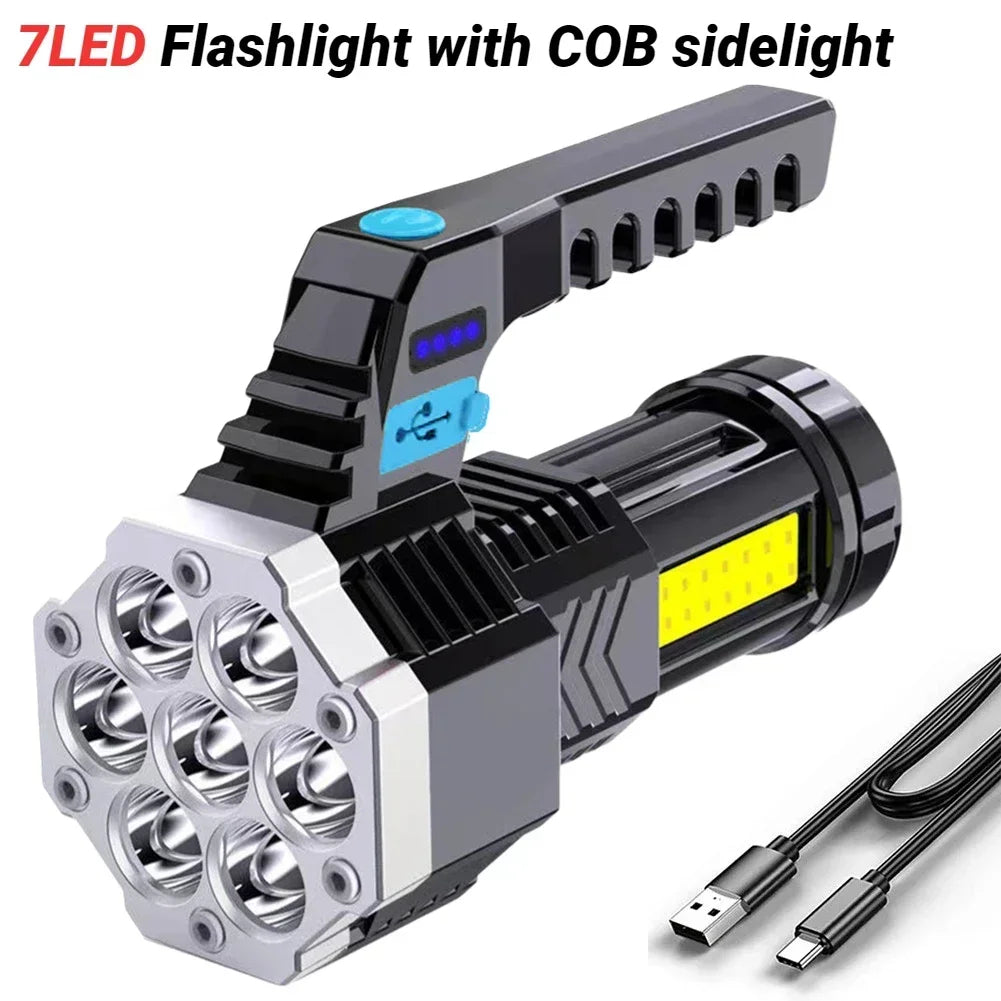 7LED+COB Portable Flashlight – USB Rechargeable Camping Torch with Side Light