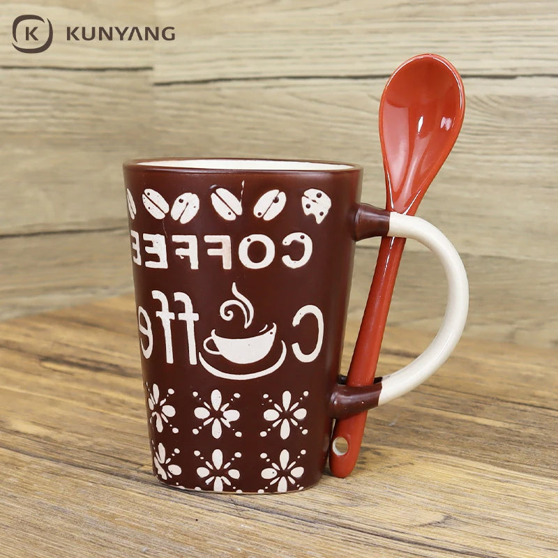 Handmade Rustic Vintage Ceramic Coffee Mugs with Spoon - Customized Embossed Design