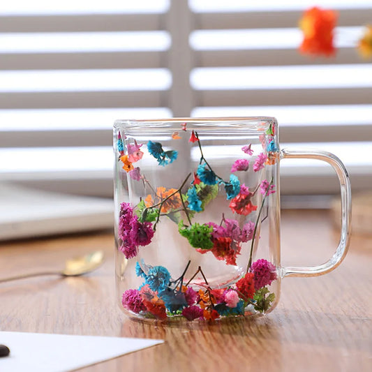 Bulk Wholesale Insulated Double-Layer Glass Mug - Transparent High Borosilicate with Dried Flowers