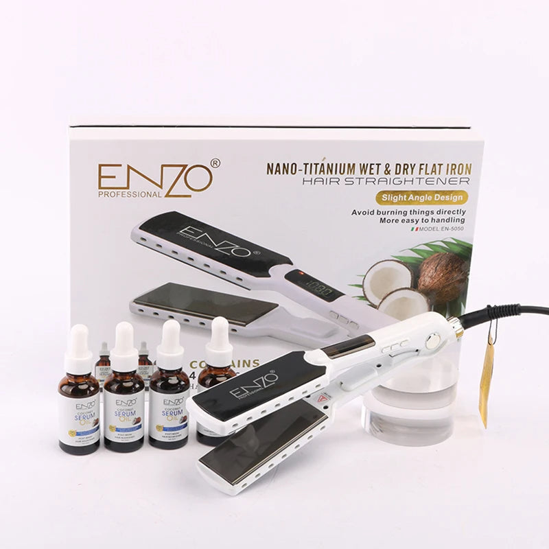 ENZO 2024 Professional Titanium Flat Iron Hair Straightener – LCD Display for Protein Straightening