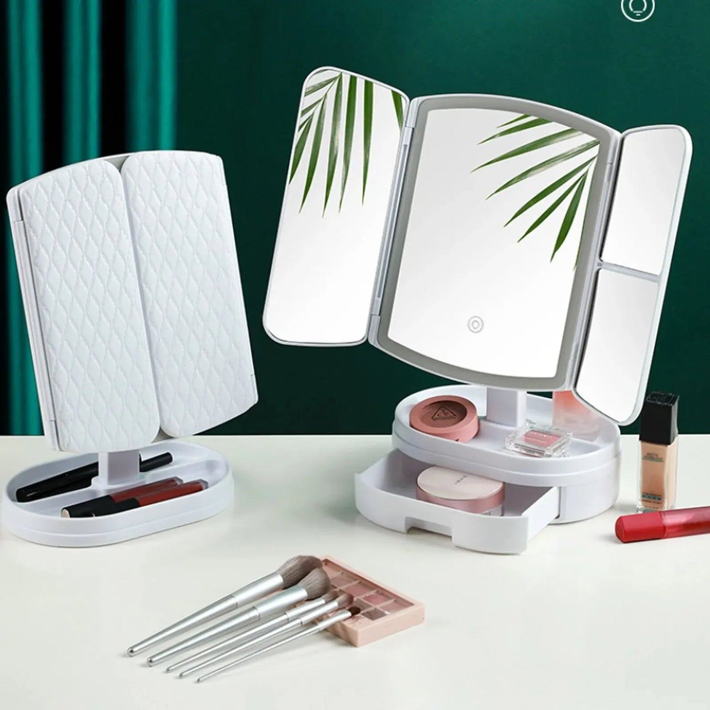 Foldable LED Makeup Mirror with Drawer