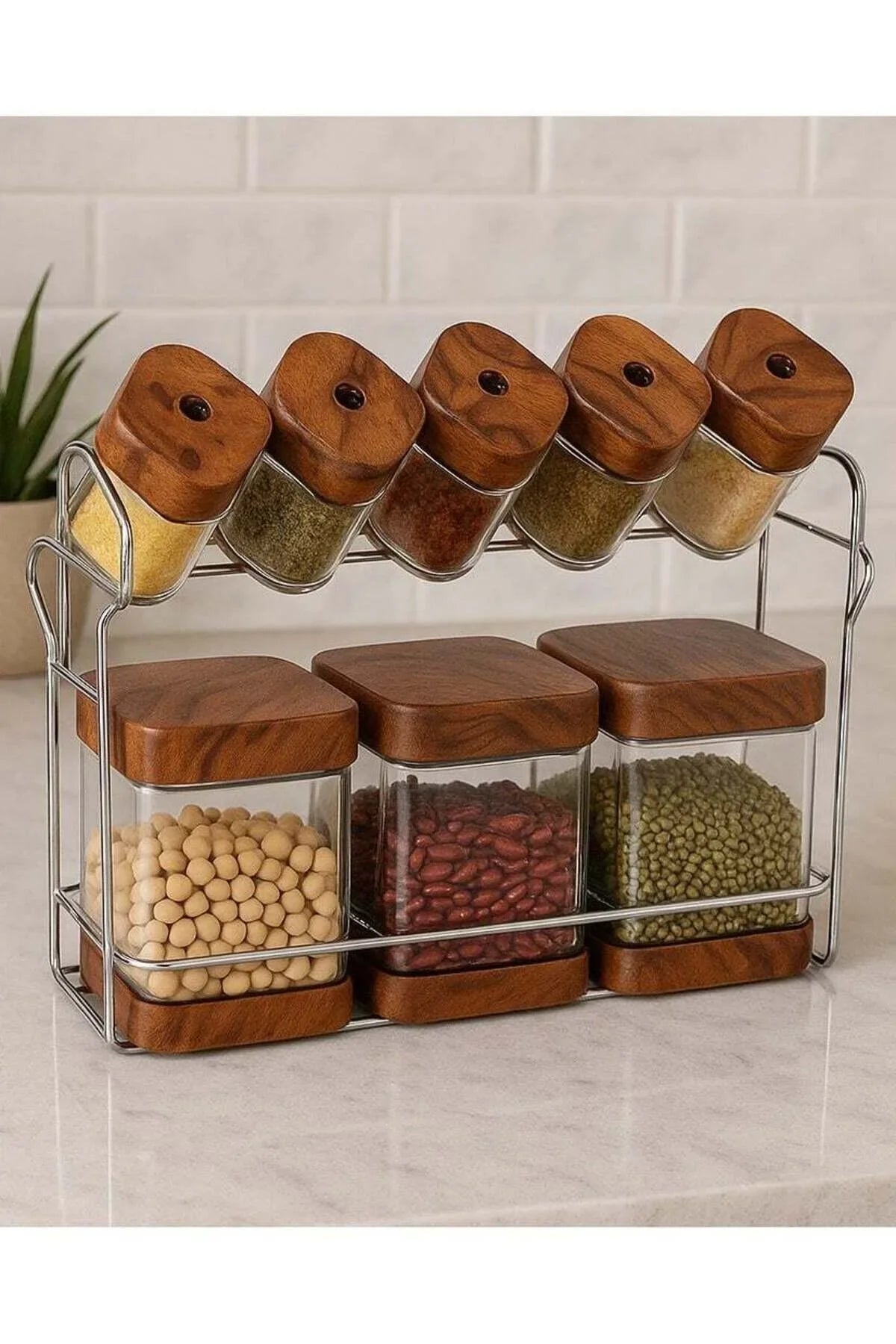 Spice Jar Set with Wooden Lids & Metal Rack – Kitchen Organizer