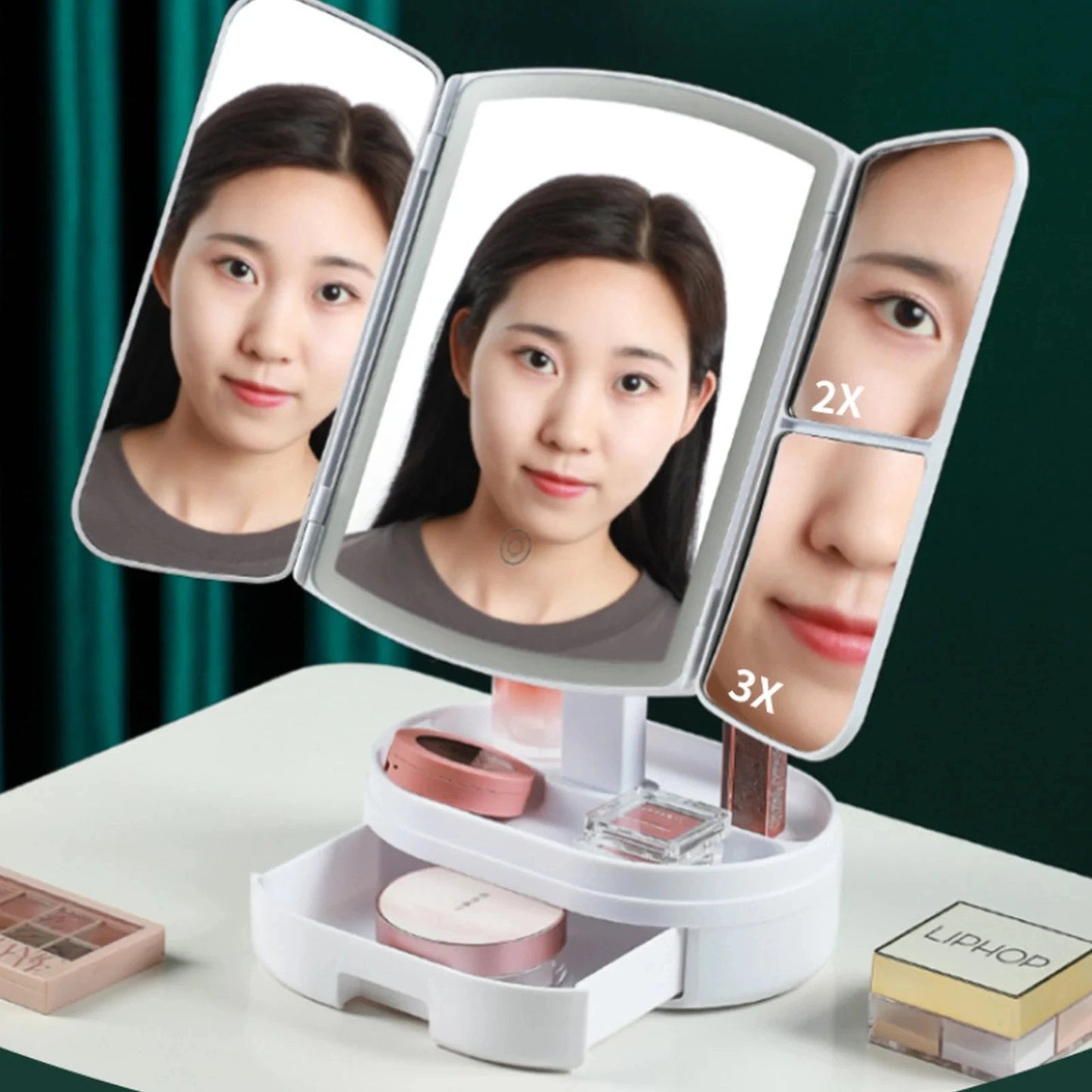 Foldable LED Makeup Mirror with Drawer