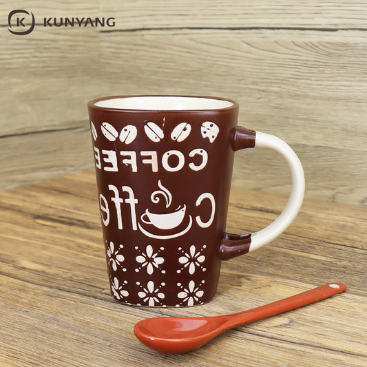 Handmade Rustic Vintage Ceramic Coffee Mugs with Spoon - Customized Embossed Design