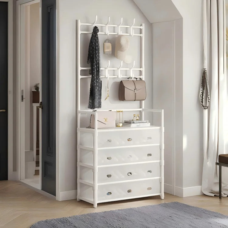 5-Tier Shoe & Coat Rack with Dustproof Cover – Shoe Organizer with Hooks for Entryway & Closet