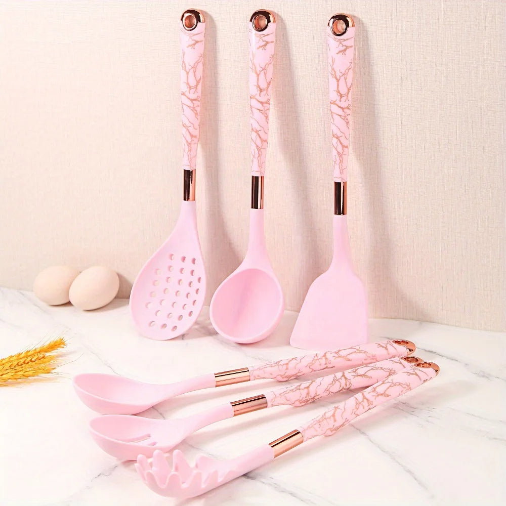6-Piece Gold Silicone Cooking Utensil Set – Heat-Resistant with Storage Rack