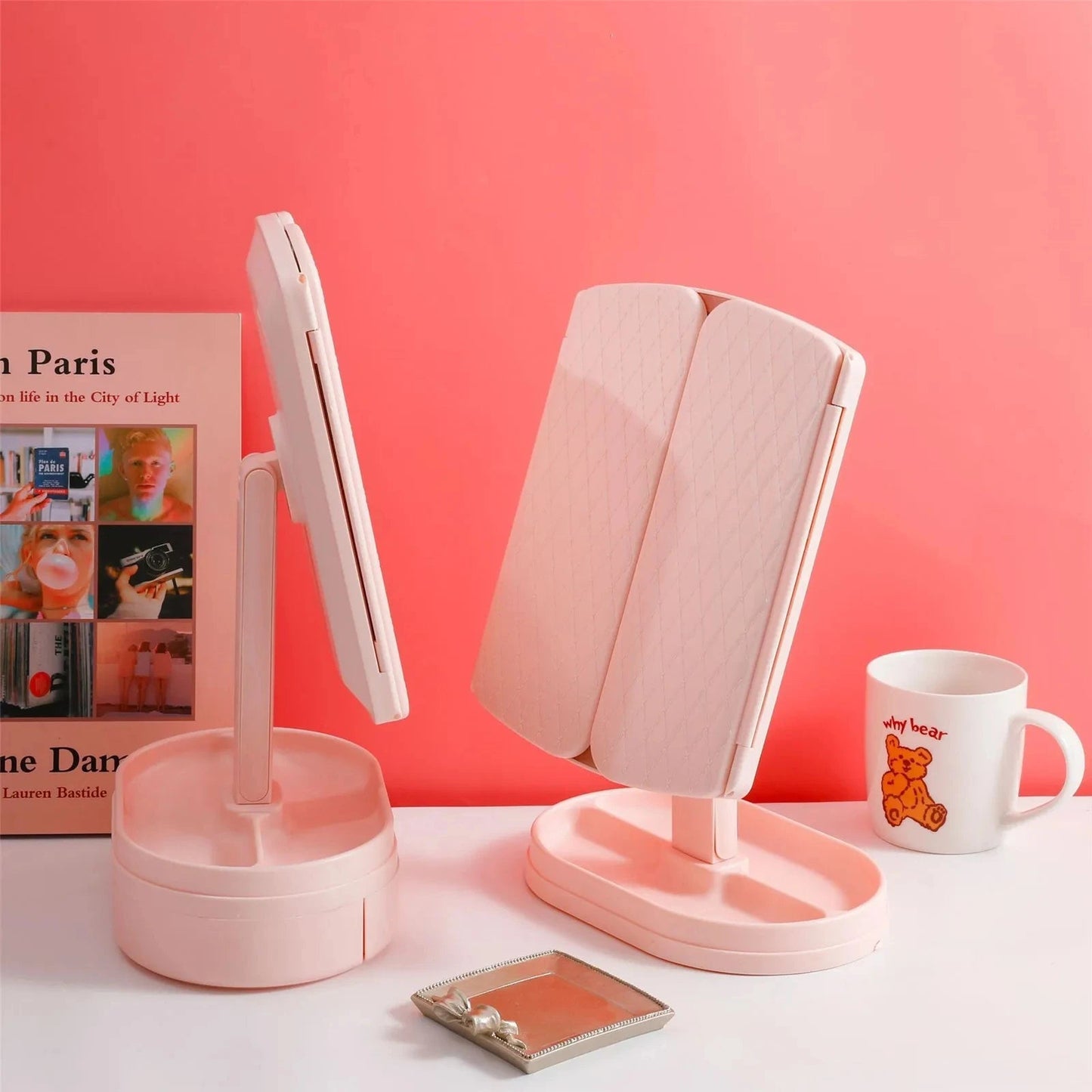 Foldable LED Makeup Mirror with Drawer