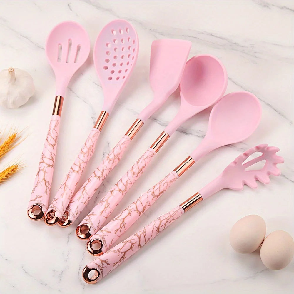 6-Piece Gold Silicone Cooking Utensil Set – Heat-Resistant with Storage Rack