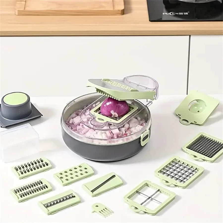 9-in-1 Multifunction Vegetable Slicer & Chopper – Includes Basket, Graters & Blades