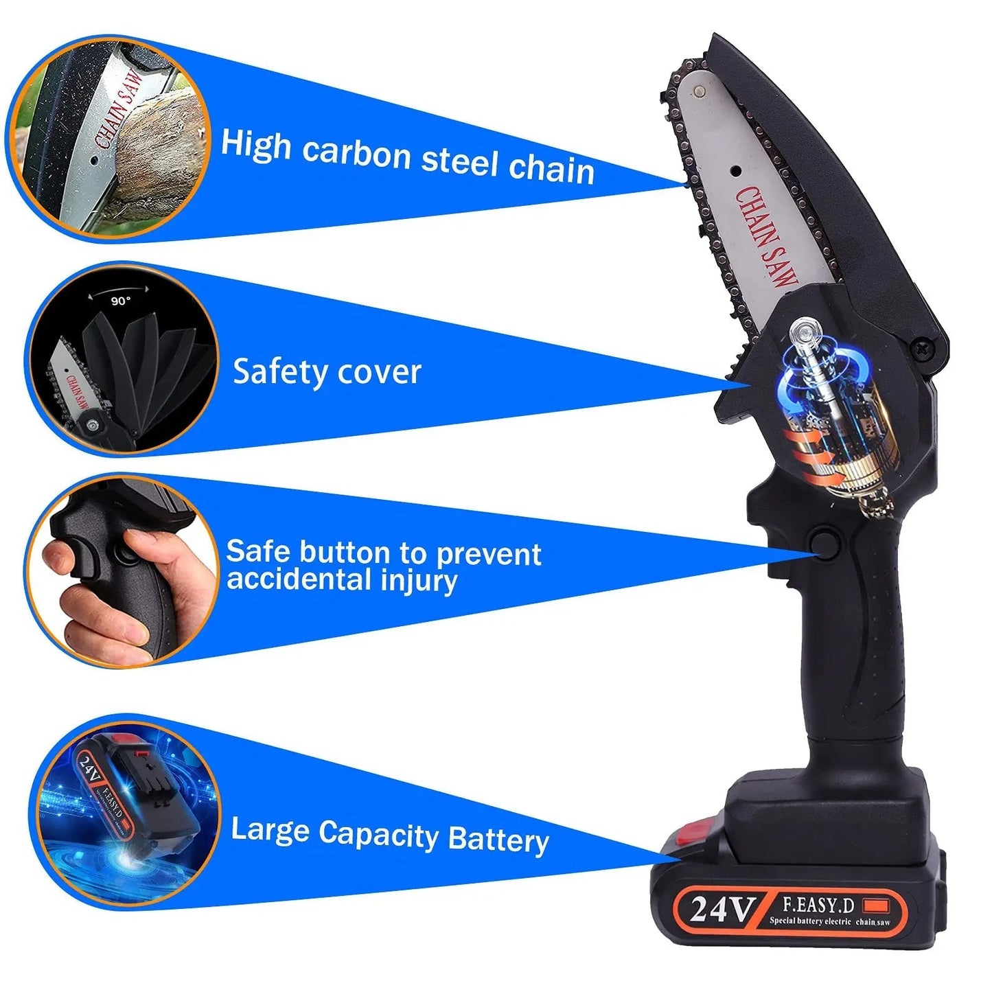 Mini Cordless Electric Chainsaw – 24V Brushless Woodworking Cutter with Battery