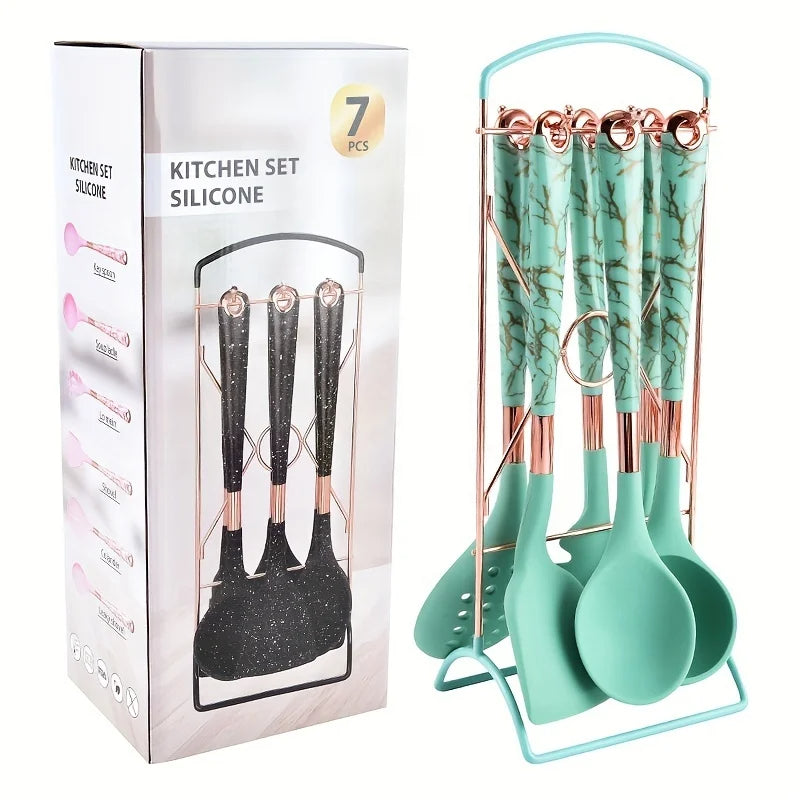 6-Piece Gold Silicone Cooking Utensil Set – Heat-Resistant with Storage Rack