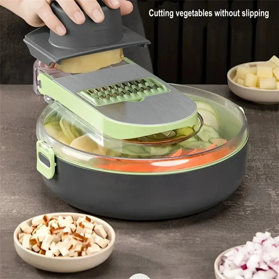 9-in-1 Multifunction Vegetable Slicer & Chopper – Includes Basket, Graters & Blades