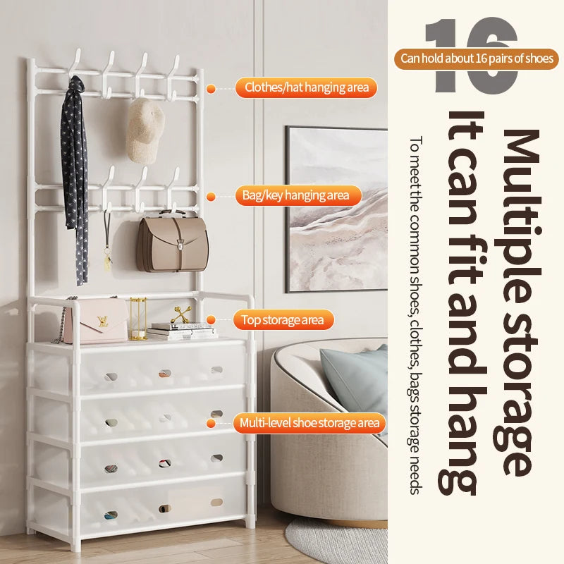 5-Tier Shoe & Coat Rack with Dustproof Cover – Shoe Organizer with Hooks for Entryway & Closet