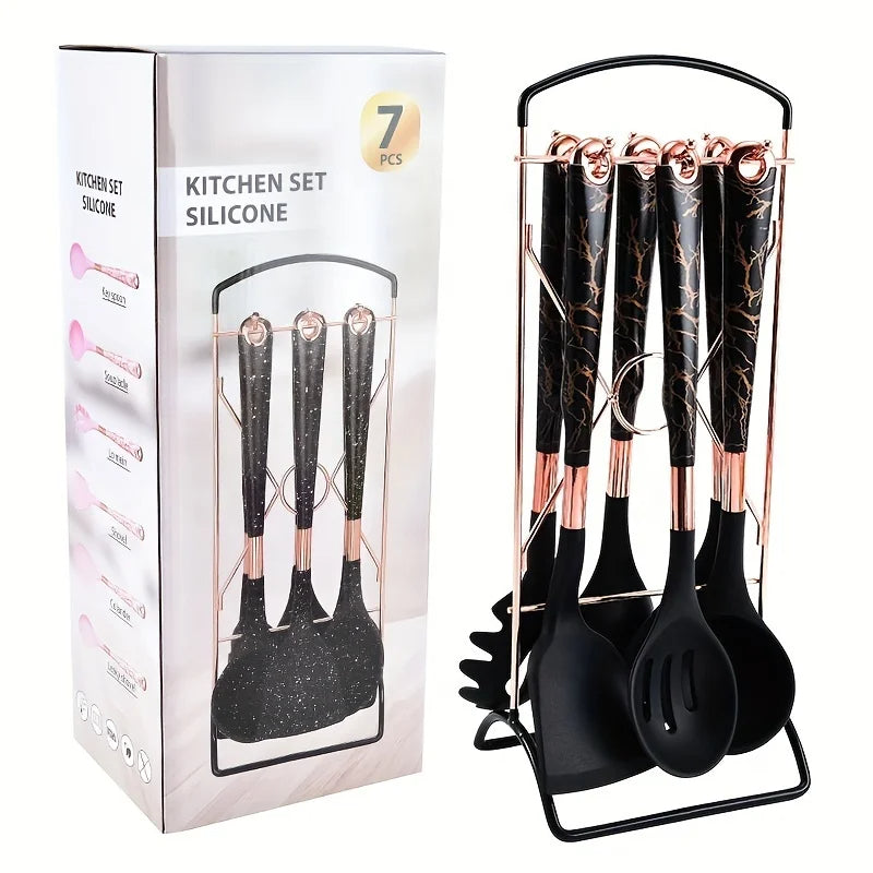 6-Piece Gold Silicone Cooking Utensil Set – Heat-Resistant with Storage Rack