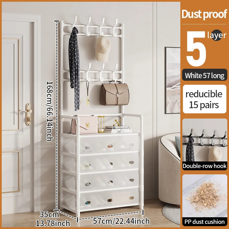 5-Tier Shoe & Coat Rack with Dustproof Cover – Shoe Organizer with Hooks for Entryway & Closet