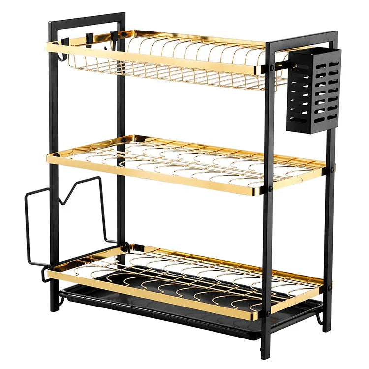 Customizable Black And Gold Iron 2-3 Tier Dish Rack