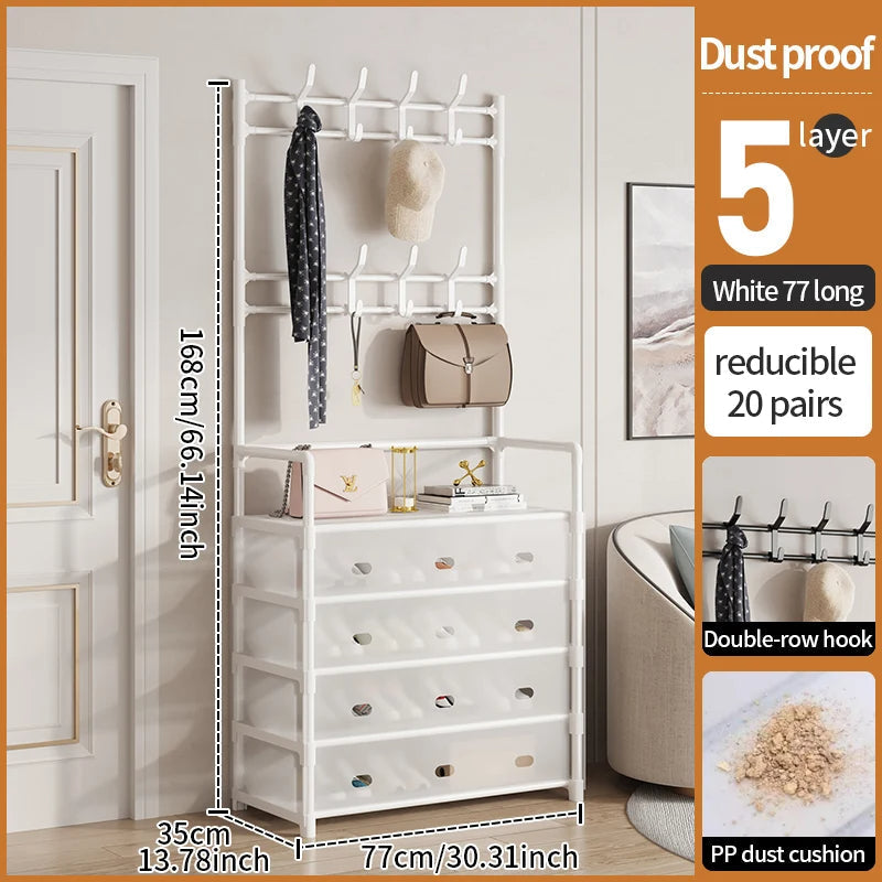 5-Tier Shoe & Coat Rack with Dustproof Cover – Shoe Organizer with Hooks for Entryway & Closet