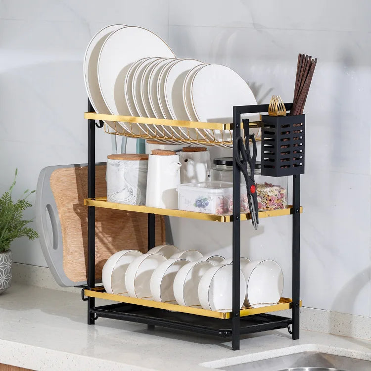 Customizable Black And Gold Iron 2-3 Tier Dish Rack