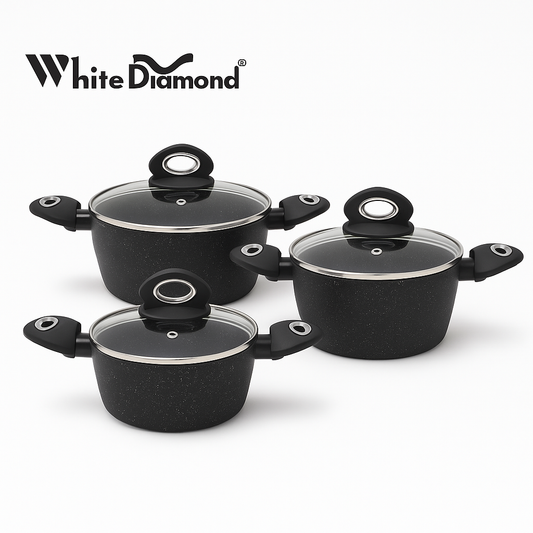 White Diamond Granite Coating Casserole Pot with Glass Lid – 24cm, 26cm, 28cm