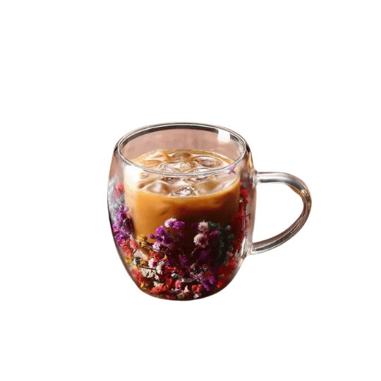 Flowery Double Wall Glass Mug - 250ml | Compact Insulated Mug with Elegant Floral Design