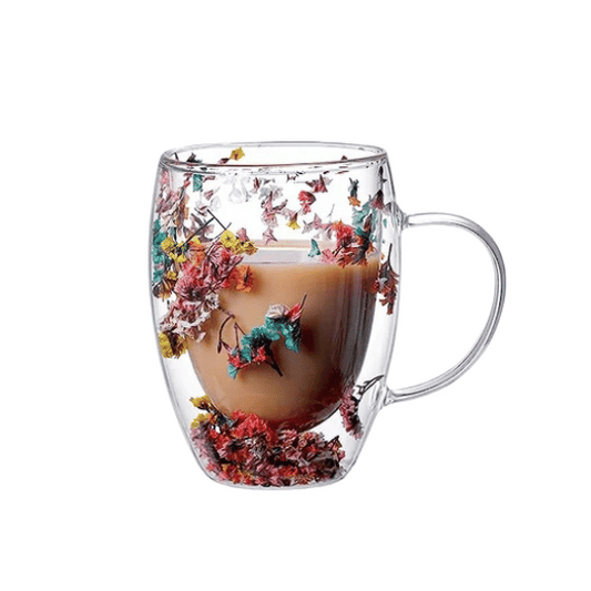 Flowery Double Wall Glass Mug - 350ml | Elegant Insulated Mug for Hot & Cold Drinks