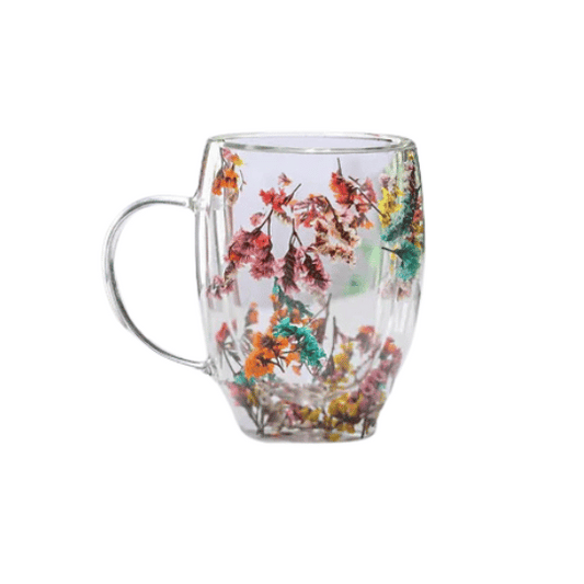 Flowery Double Wall Glass Mug - 450ml | Elegant Insulated Floral Glass Mug