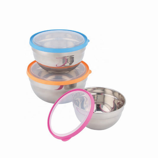 Stainless Steel Bowl Set with Colored Lids – 3 Pcs