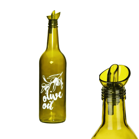 Olive Green Decorated Oil Bottle - 750ml | Round Glass Design for Storing & Serving Oil