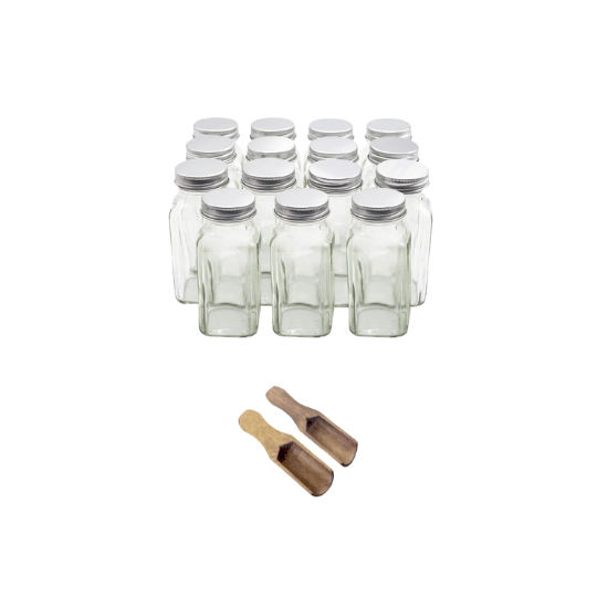 Set of 15 Squared Spice Bottles with 2 shovels - 4x4x9.5 cm