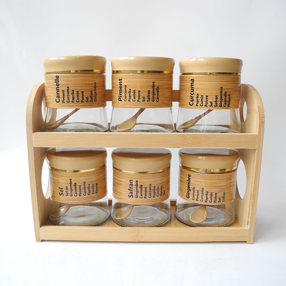 6-Piece Spice Jar Set with Bamboo Rack & Spoons – Kitchen Organizer