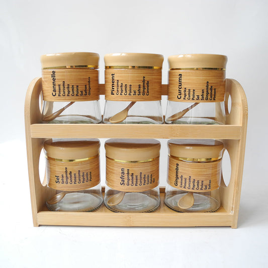 6-Piece Spice Jar Set with Bamboo Rack & Spoons – Kitchen Organizer