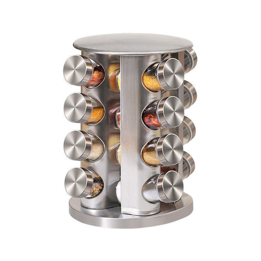360° Rotating Spice Rack with 16 Glass Jars – Stainless Steel Kitchen Organizer