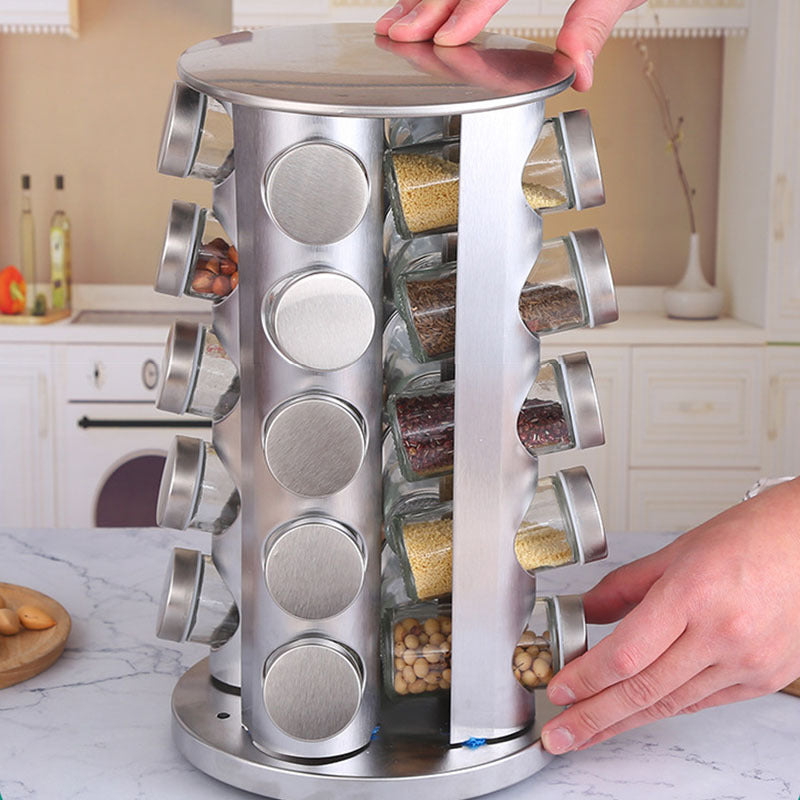 360° Rotating Spice Rack with 16 Glass Jars – Stainless Steel Kitchen Organizer