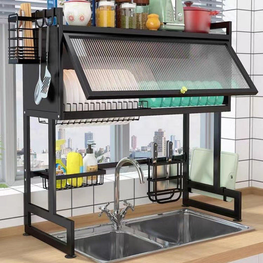 Dish Drying Rack – Multi-Layer Carbon Steel Kitchen Organizer with Cover
