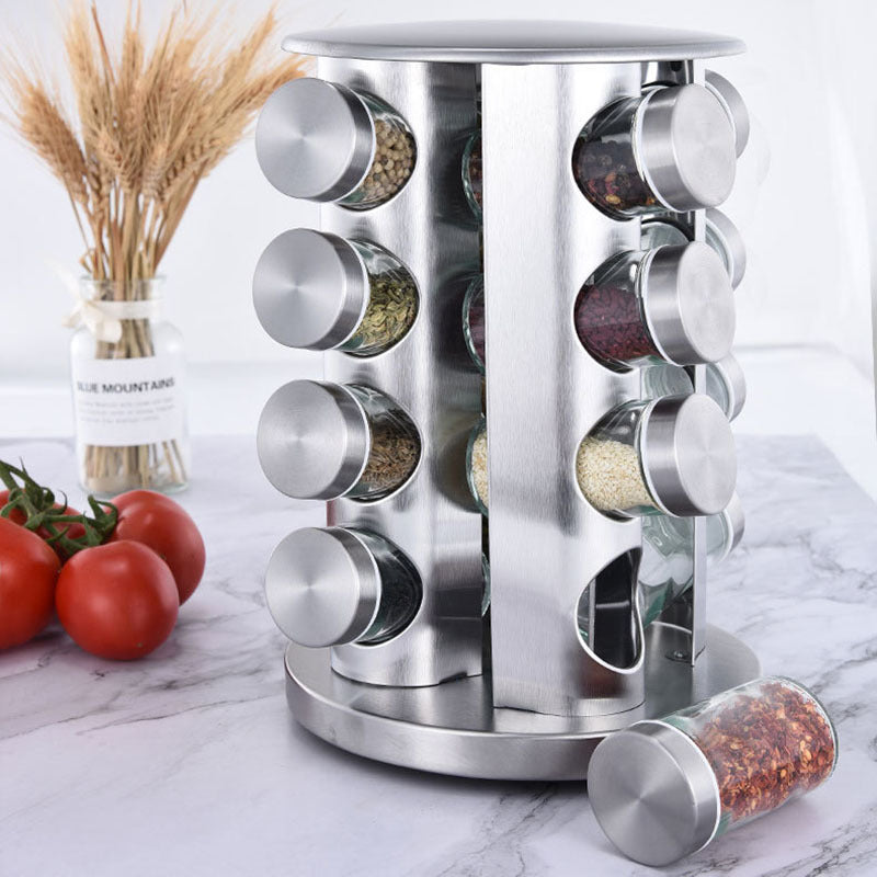 360° Rotating Spice Rack with 16 Glass Jars – Stainless Steel Kitchen Organizer