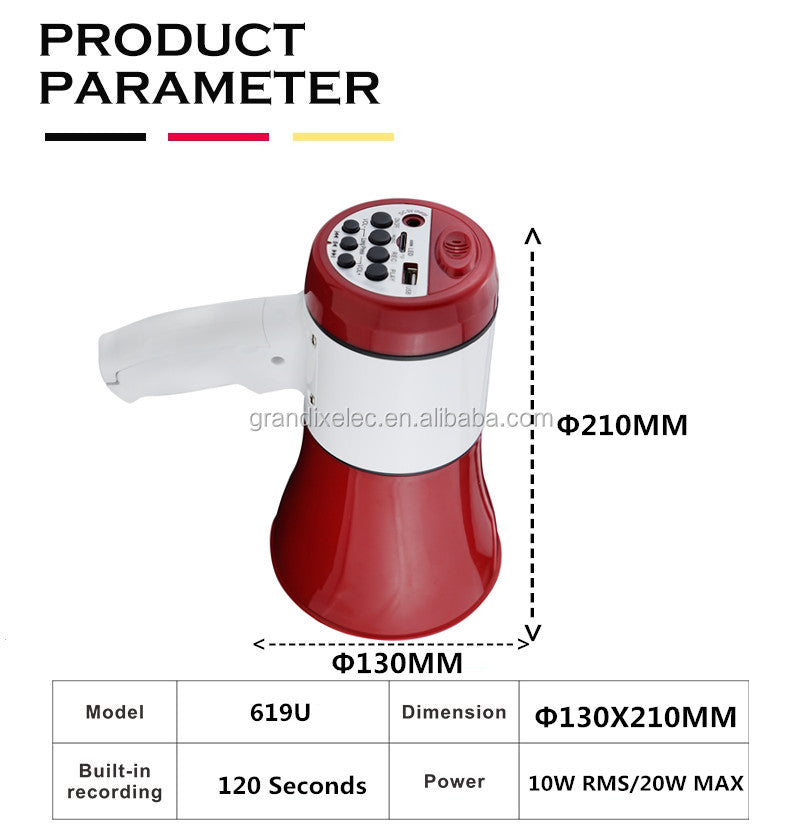 30W Megaphone 619BT – Bluetooth Loudspeaker with USB/SD Playback & Siren Alarm for Public Safety and Events