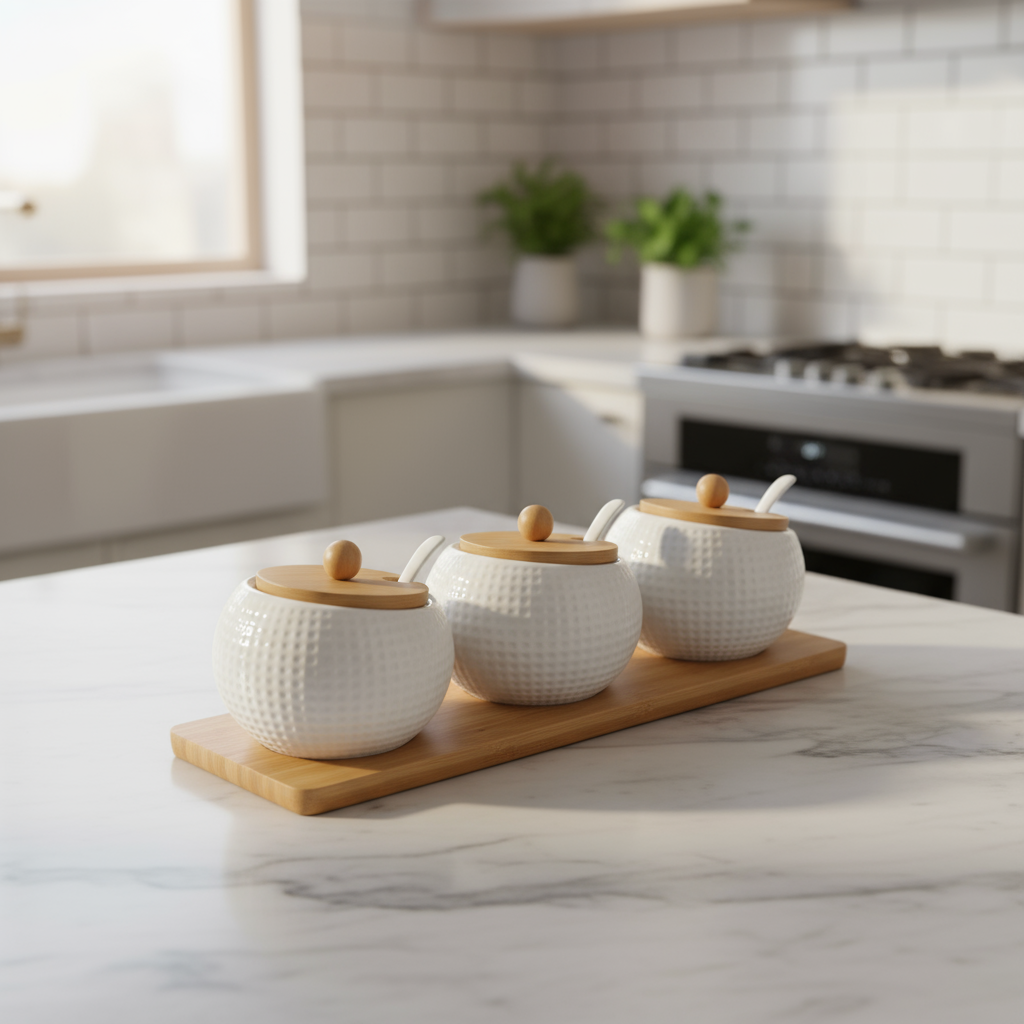 3-Piece Rounded Textured Ceramic Spice Jar Set with Bamboo Lids, Spoons & Tray