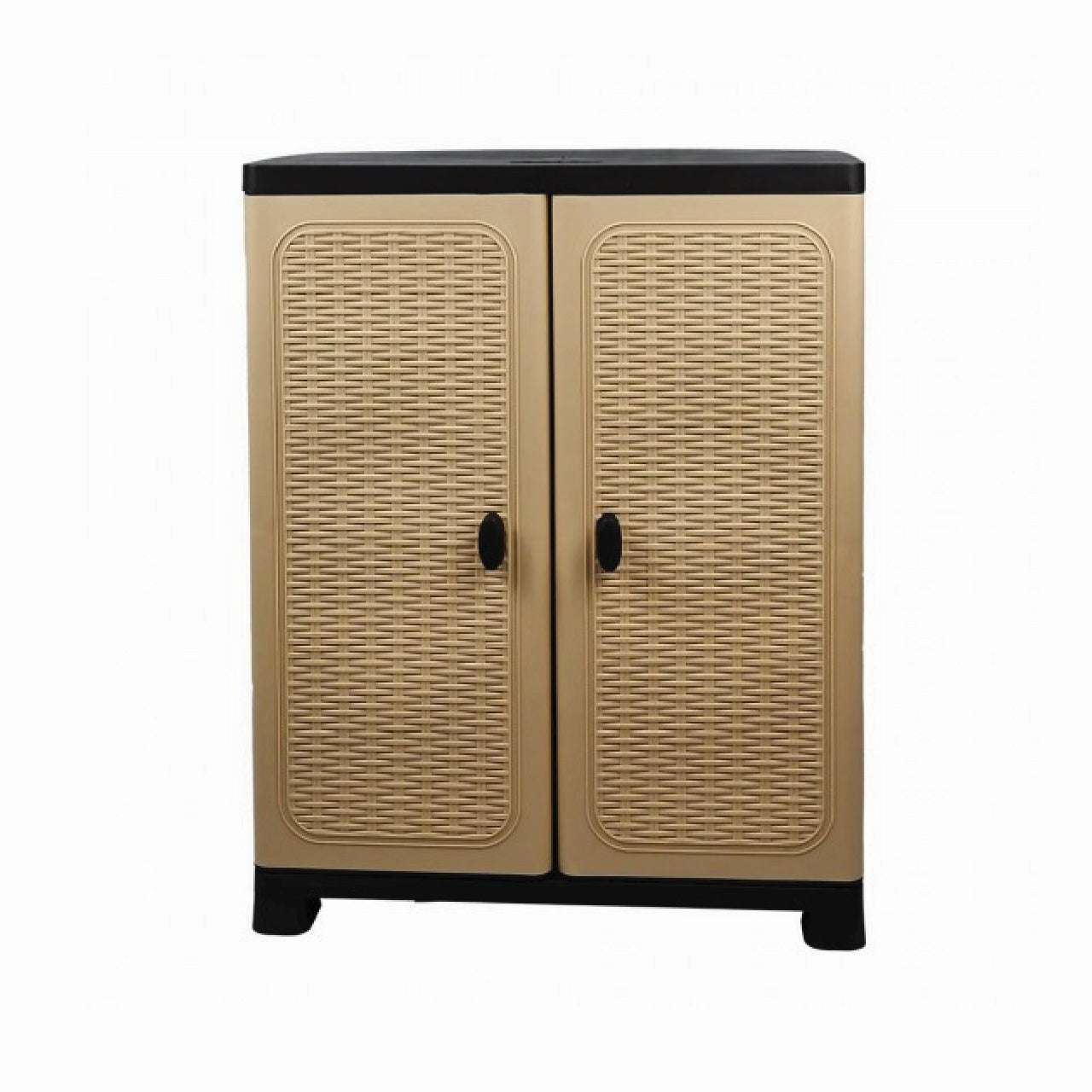 Rattan-Style Plastic Storage Cabinet With Double Doors – Beige & Black