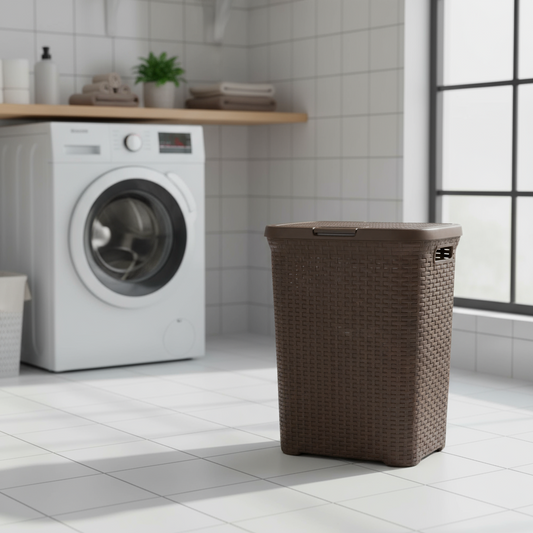 Brown Rattan-Style Laundry Hamper With Lid