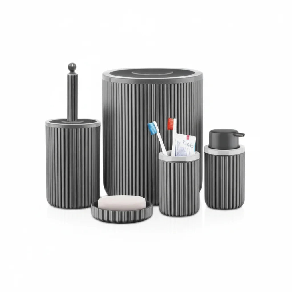 Luxury Ribbed Bathroom Accessory Set (5-Piece) – Modern Charcoal Finish