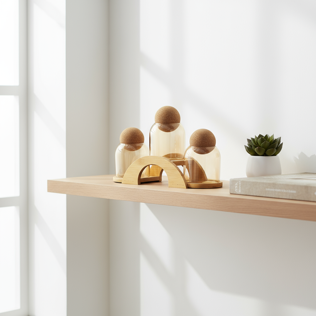 3-Piece Glass Jar Set With Cork Lid & Wooden Stand – Spice Or Storage Jars