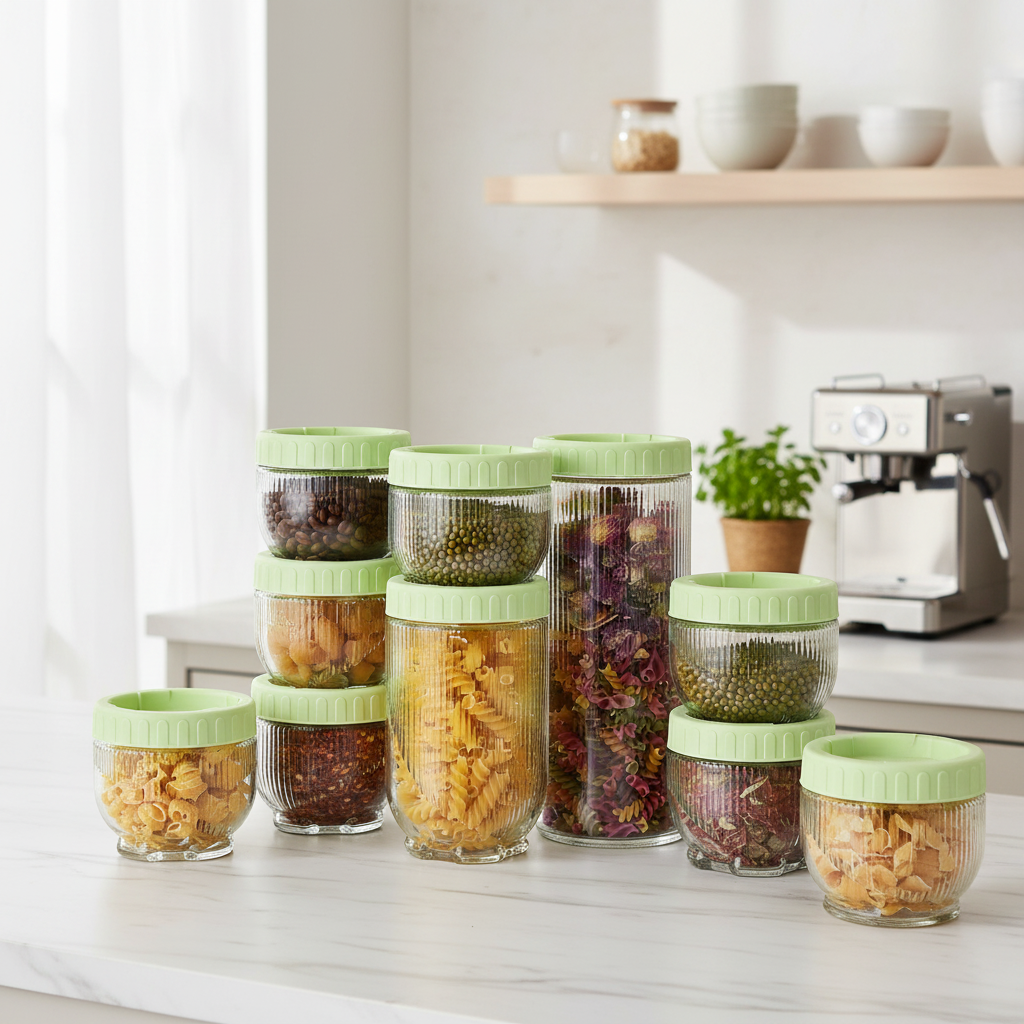 Airtight Glass Storage Jar Set With Green Lids – 10-Piece Ribbed Design