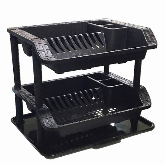 2-Tier Plastic Dish Rack With Utensil Holder & Drip Tray